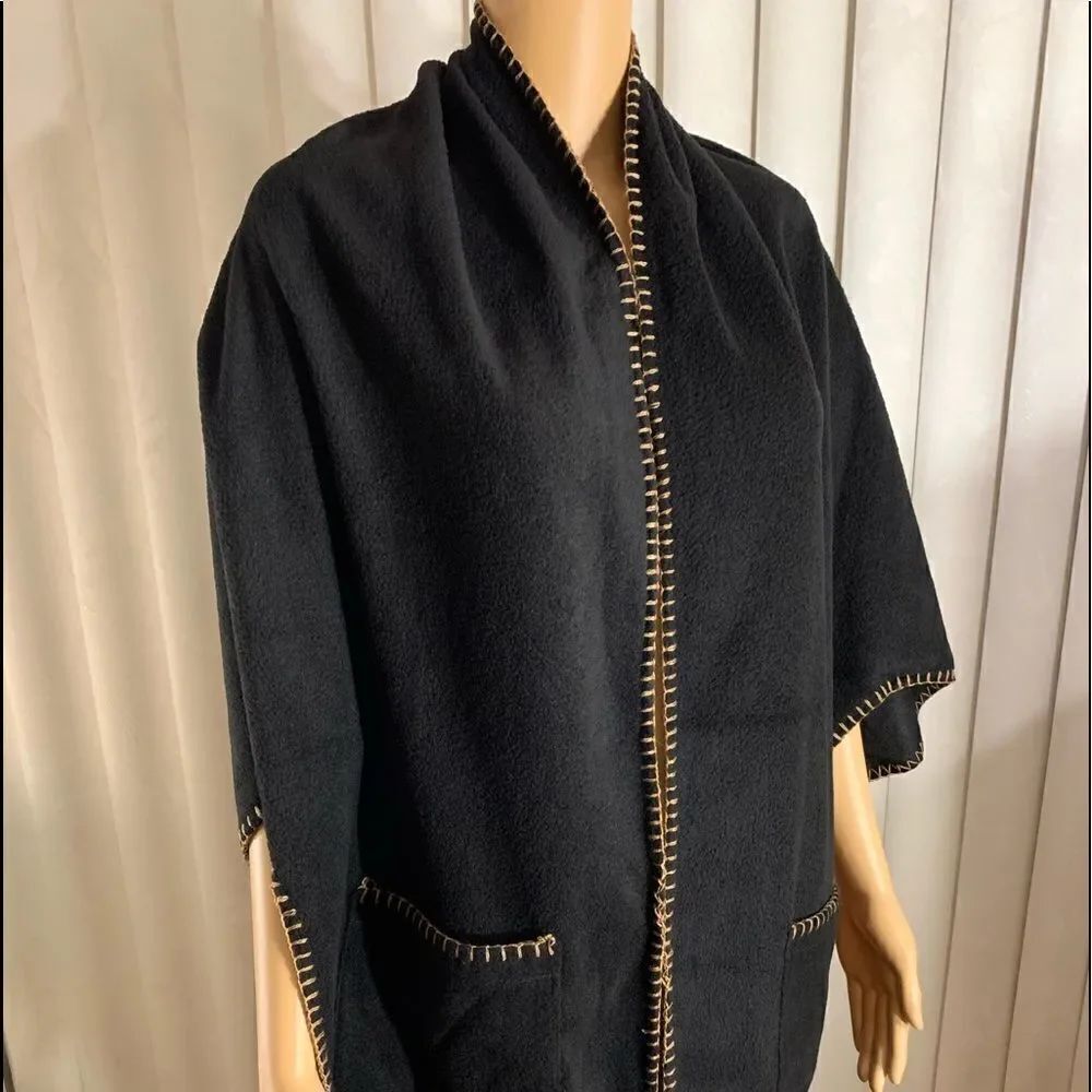 Felt Shawl Wrap Around With Two Front Pockets Oversized Black Gold Felt Nee